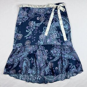 New York & Company 10 Silk Satin Blue Floral Print Midi High Waist Skirt